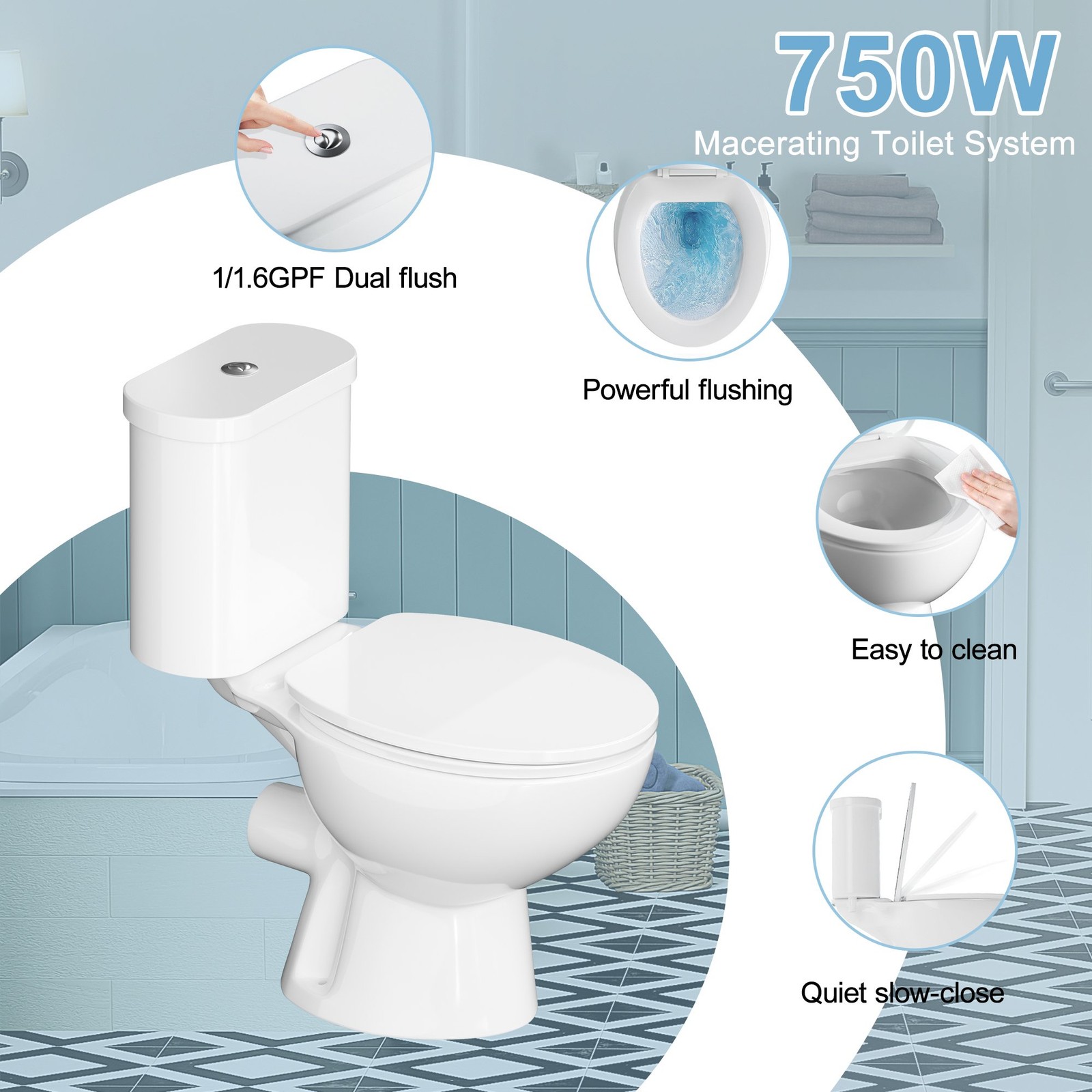 750W Macerating Toilet System Upflush Toilet with Pump 4 Inlets for Basement