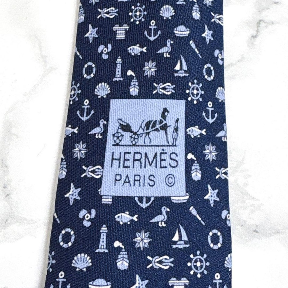 HERMES Tie Full Marine Monogram Pattern Navy Blue
