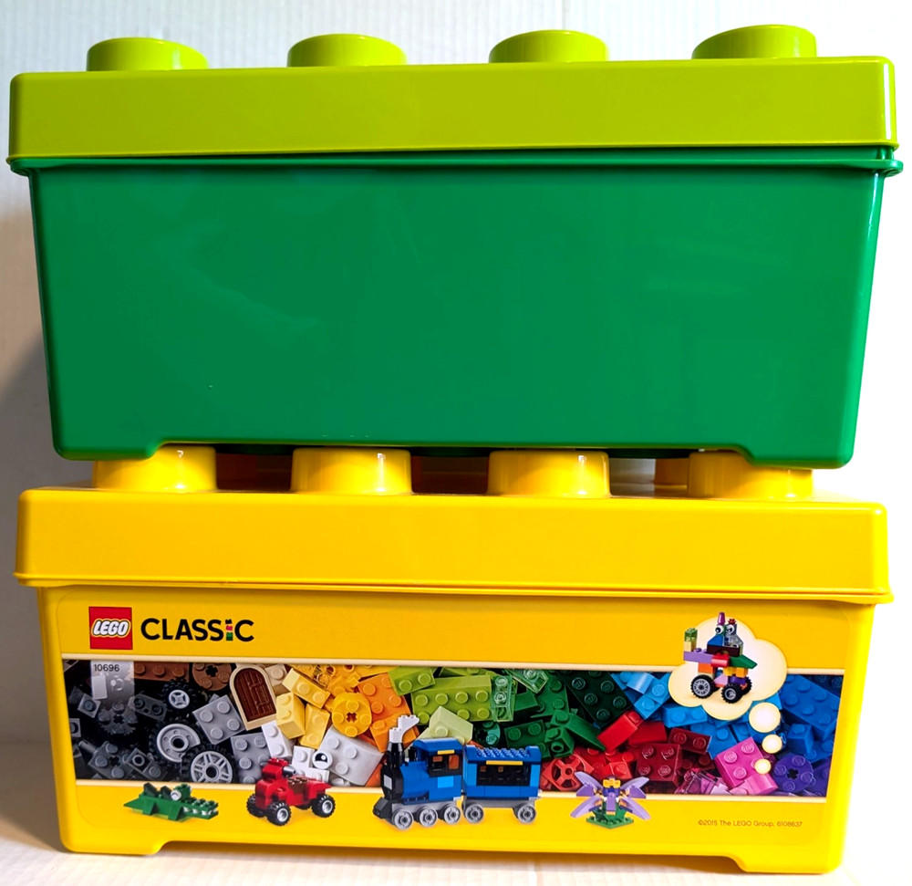 2 Lego Brick Storage Case Bin 8 Stud Stackable Yellow Green 14" x 7" x 7" Empty