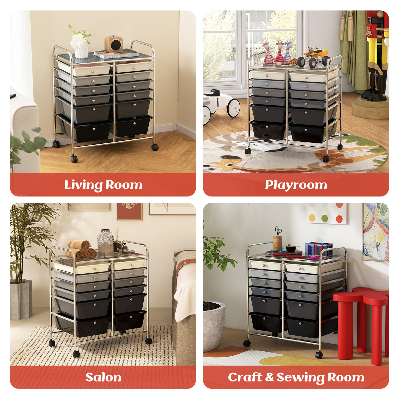 12-Drawer Rolling Storage Cart w/ 2 Sizes Plastic Drawers Gradient Grey