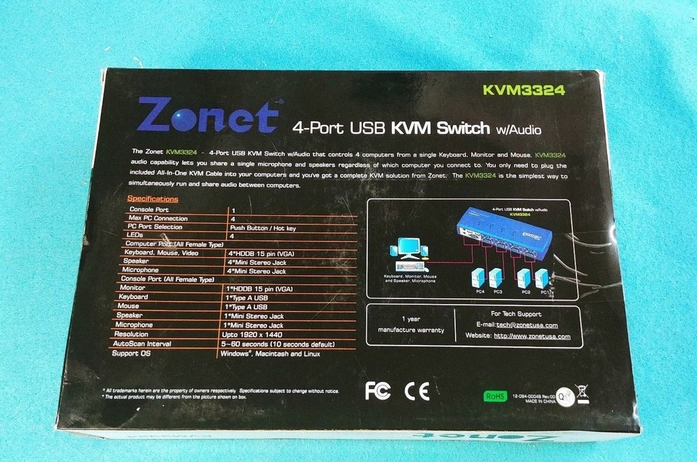Zonet 4 Port USB KVM Switch Model KVM3324