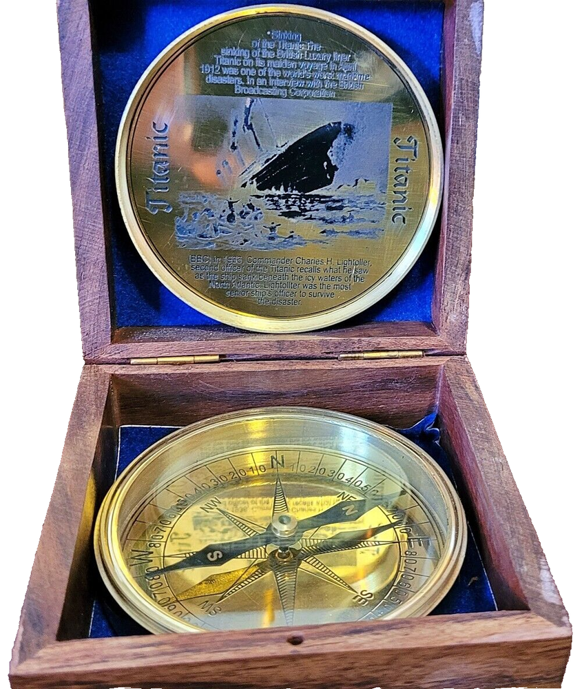 Solid Brass RMS Titanic Compass 4" In a Rosewood Box