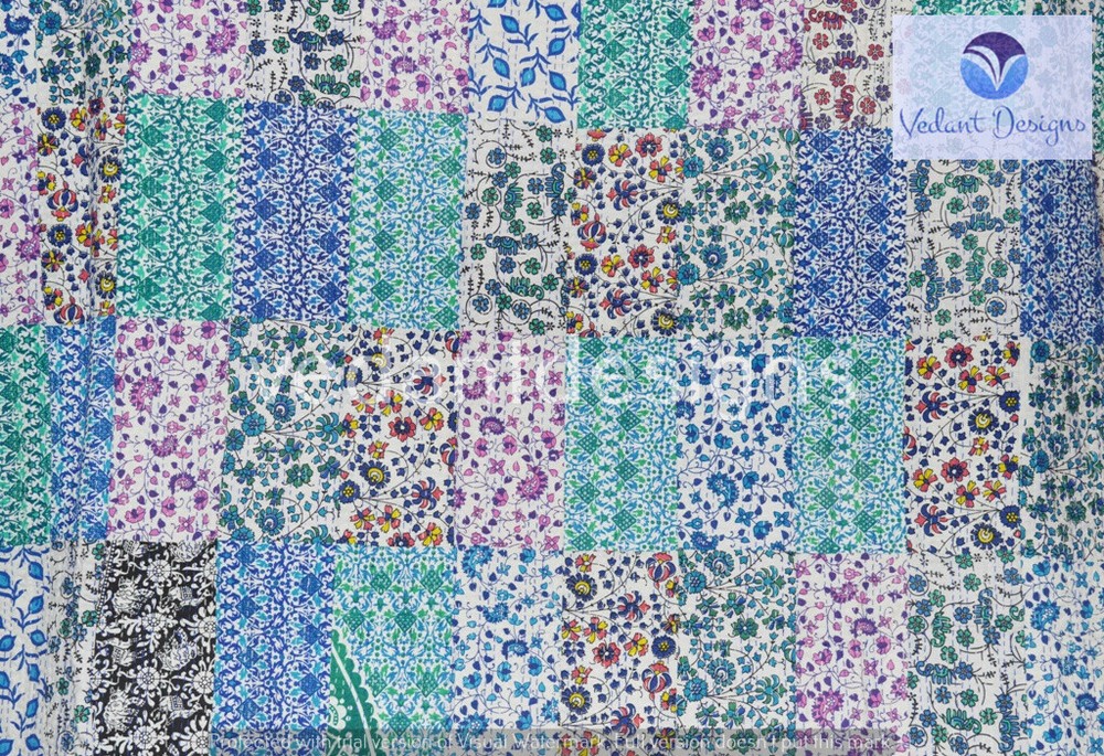 Indian Art Kantha Queen Quilt Handmade Patchwork Reversible Blanket Throw