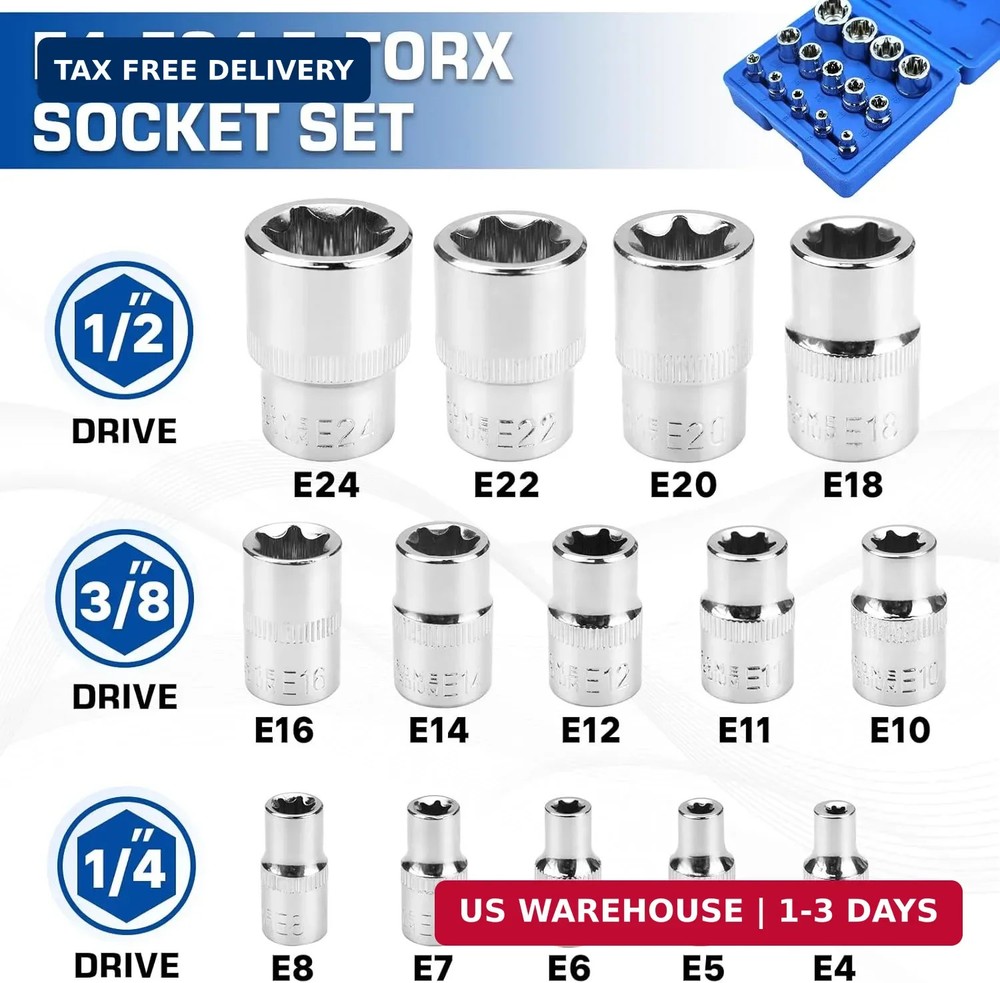 14-Piece Female E-Torx Socket Set, E4-E24 External Star Sockets, 1/4" 3/8"...