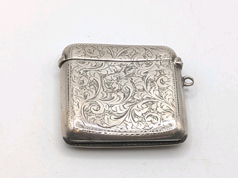 Antique Sterling Silver Etched Spiral Pattern HF Initialed 1914 Vesta Case