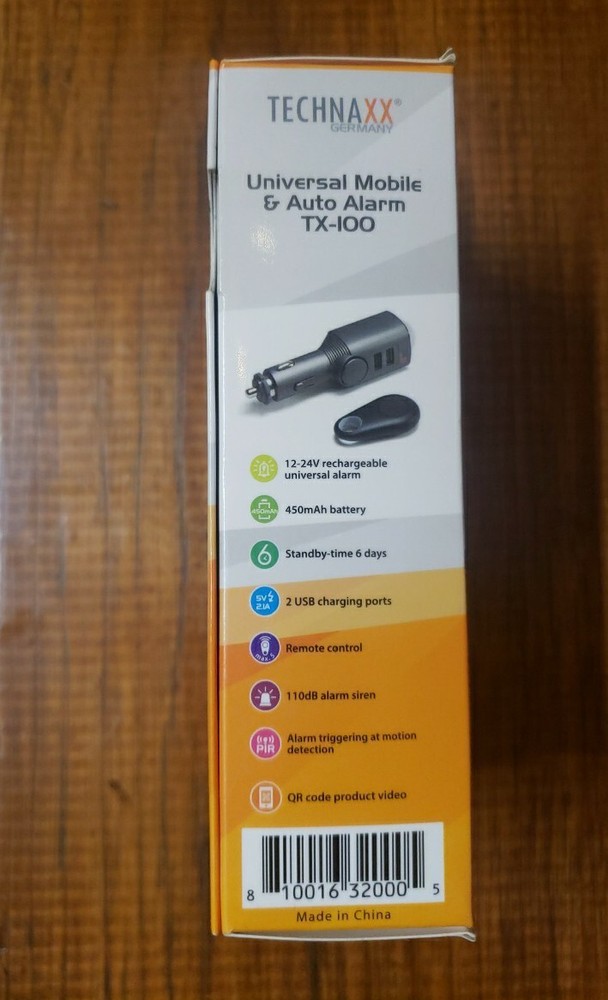 Technaxx TX-100 Car Alarm with Charging Function & PIR Motion Sensor NEW IN BOX