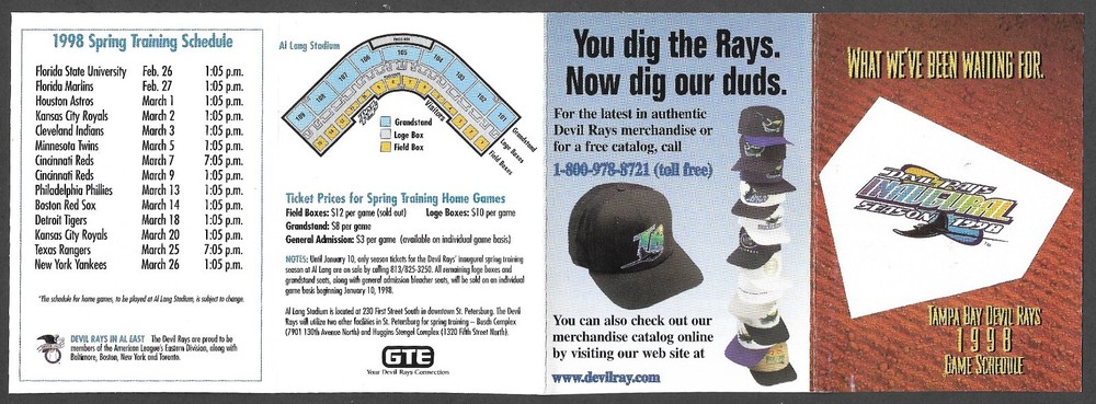 1998 DEVIL RAYS 1st Year Spring Training/Regular Season  POCKET SCHEDULE  EX-MT+