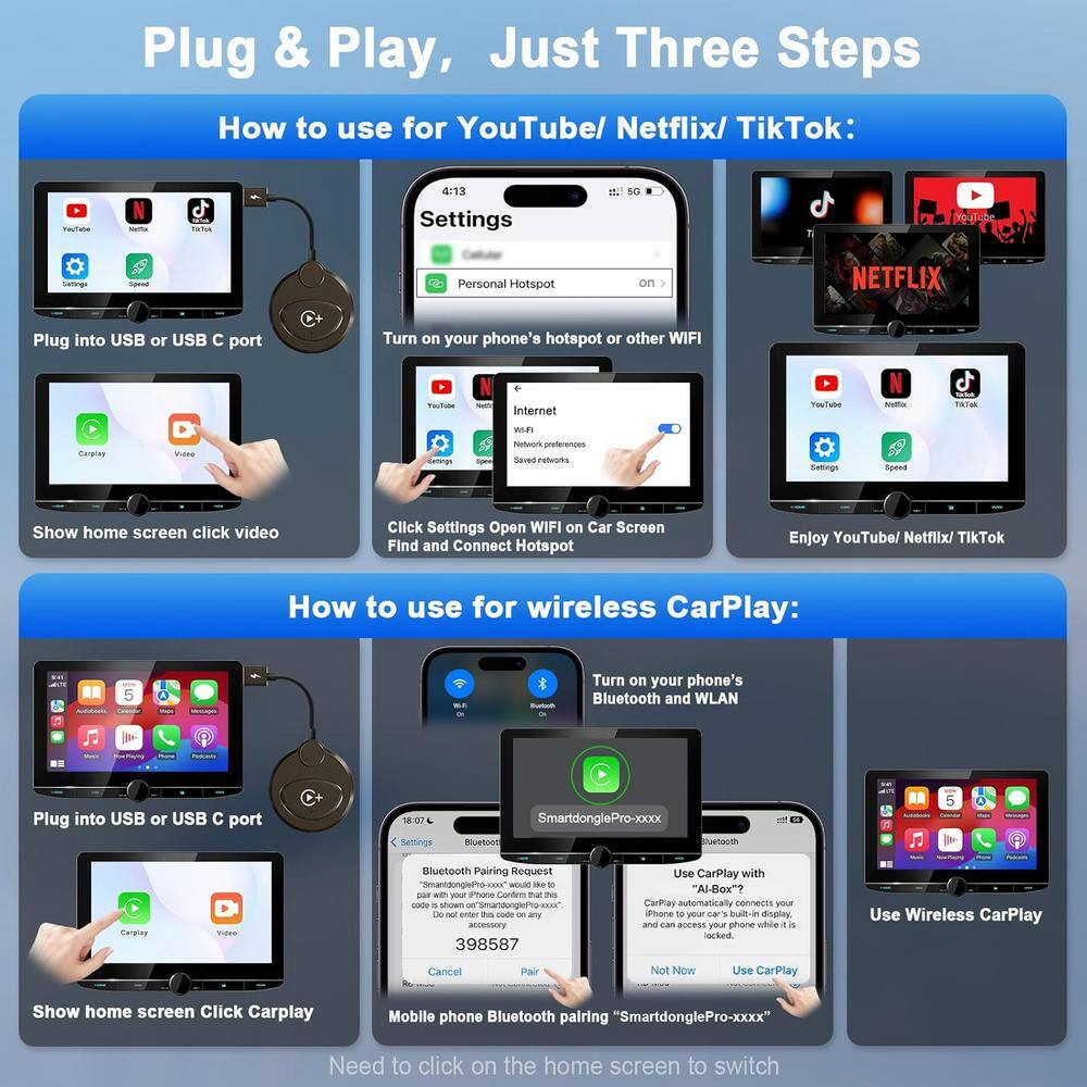 Wireless Carplay Adapter with Built-In Youtube Netflix, Easy Plug and Play