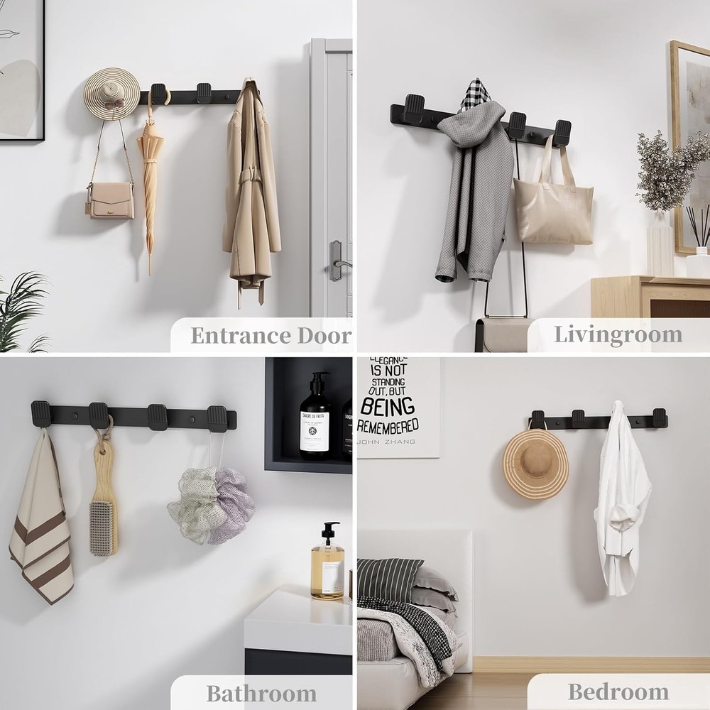 Coat Rack Wall Mount Coat Hooks - Black Hook Rack Wall Mount with 4 Hooks Alu...