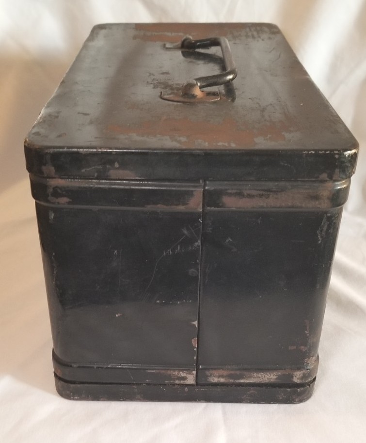 Antique Black Metal Hinged Tool Storage Box 12"