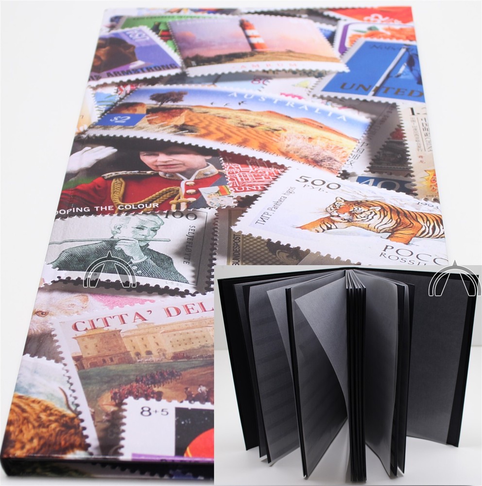 32 Page World Stamp Stock Book Black Pages Double Glassine Interleaves 9 Strips