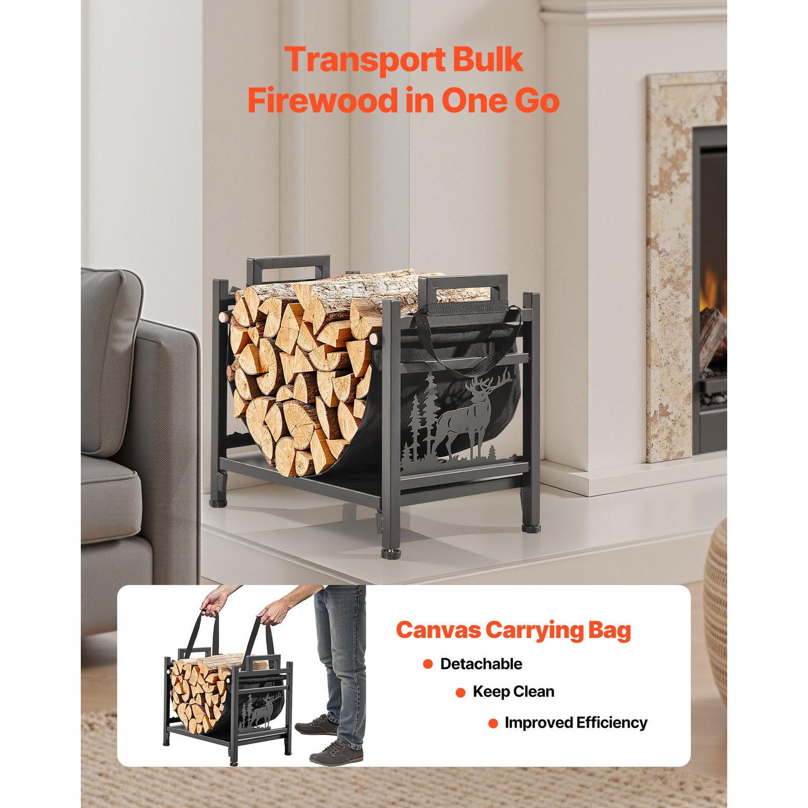 Uimoso Indoor Firewood Rack 1.5 ft Durable Steel Frame Log Holder for Fireplace