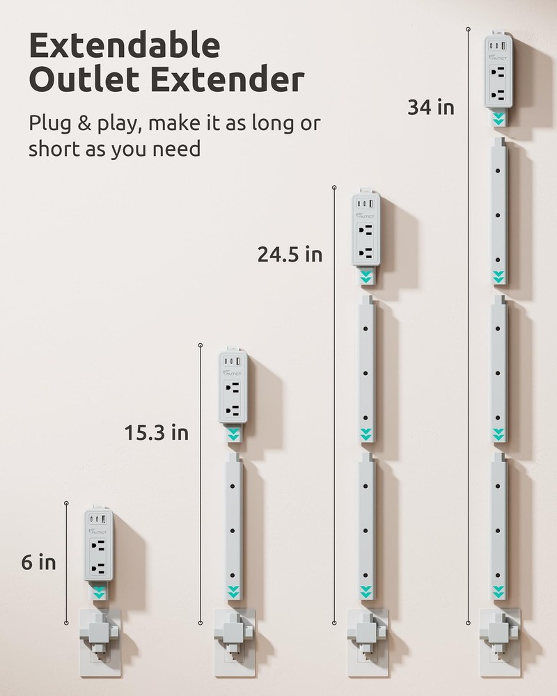 NUTICT Electrical Outlet Extender Stick, 2 AC Outlets & 2 USB-C & large, Grey
