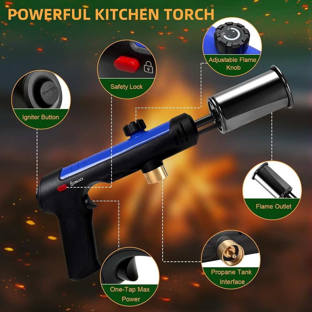 Powerful Propane Torch with One-Touch Max Fire, Adjustable Kitchen Torch with Sa