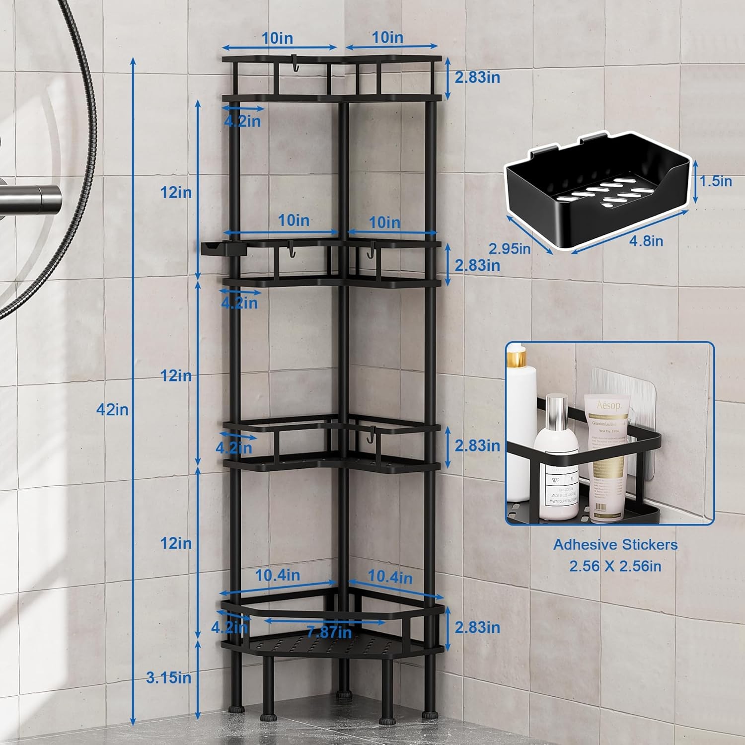 4 Tier Stainless Steel Tall Corner Shower Organizer, No Drilling Shelves