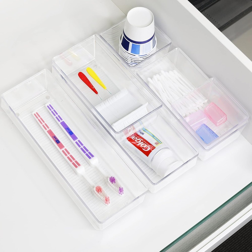 Elegant Clear Drawer Organizer Set - 6 Pack Assorted Sizes for Versatile Storage