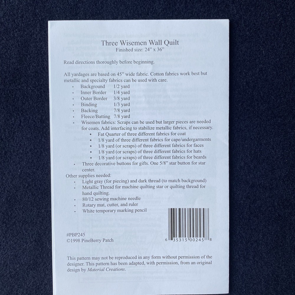 Three Wiseman Wall Quilt Pattern 24" x 36" Pieced Pineberry Patch Pine Berry