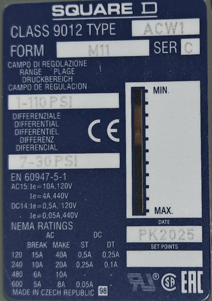 Square D 9012 ACW1 Pressure Switch Form M11