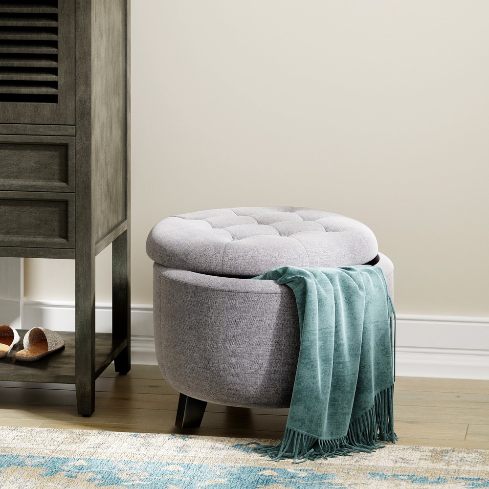 Bennett Upholstered Button Tufted Storage Ottoman Small Space Ivory
