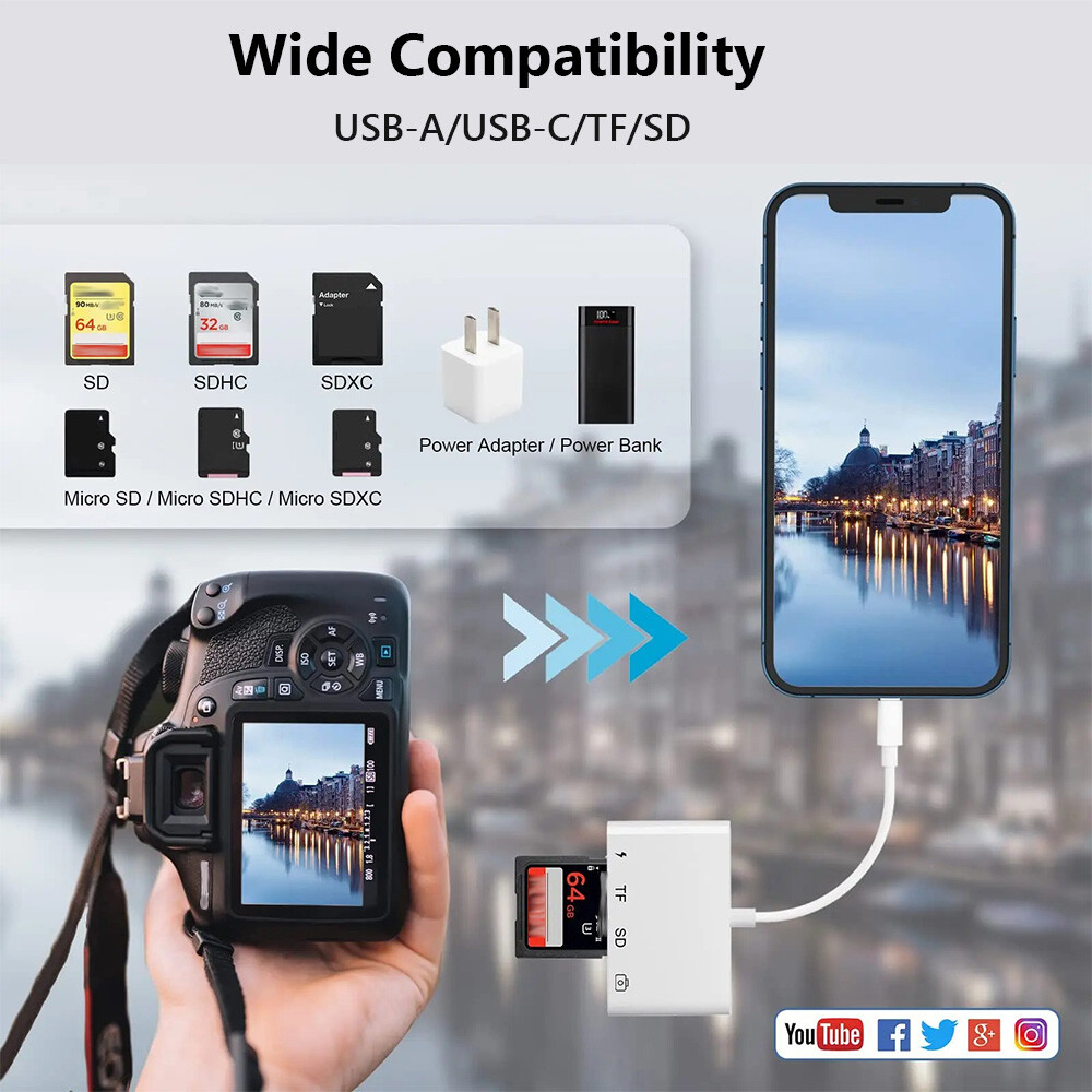 Multi-Port 4 in1 Universal SD TF Card Reader For iPhone, MacBook,Samsung Android