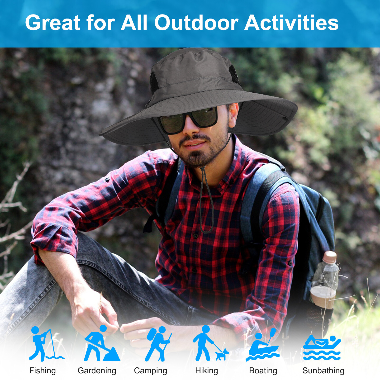 Wide Brim Sun Hat with Neck Flap UV Protection Hiking Fishing Cap for Men Women