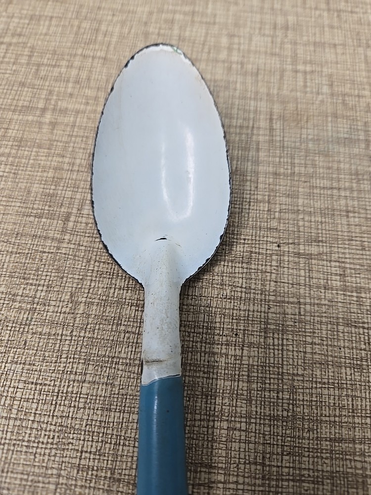 Vintage Enamel 8” & 6" Serving Spoons / Blue & White