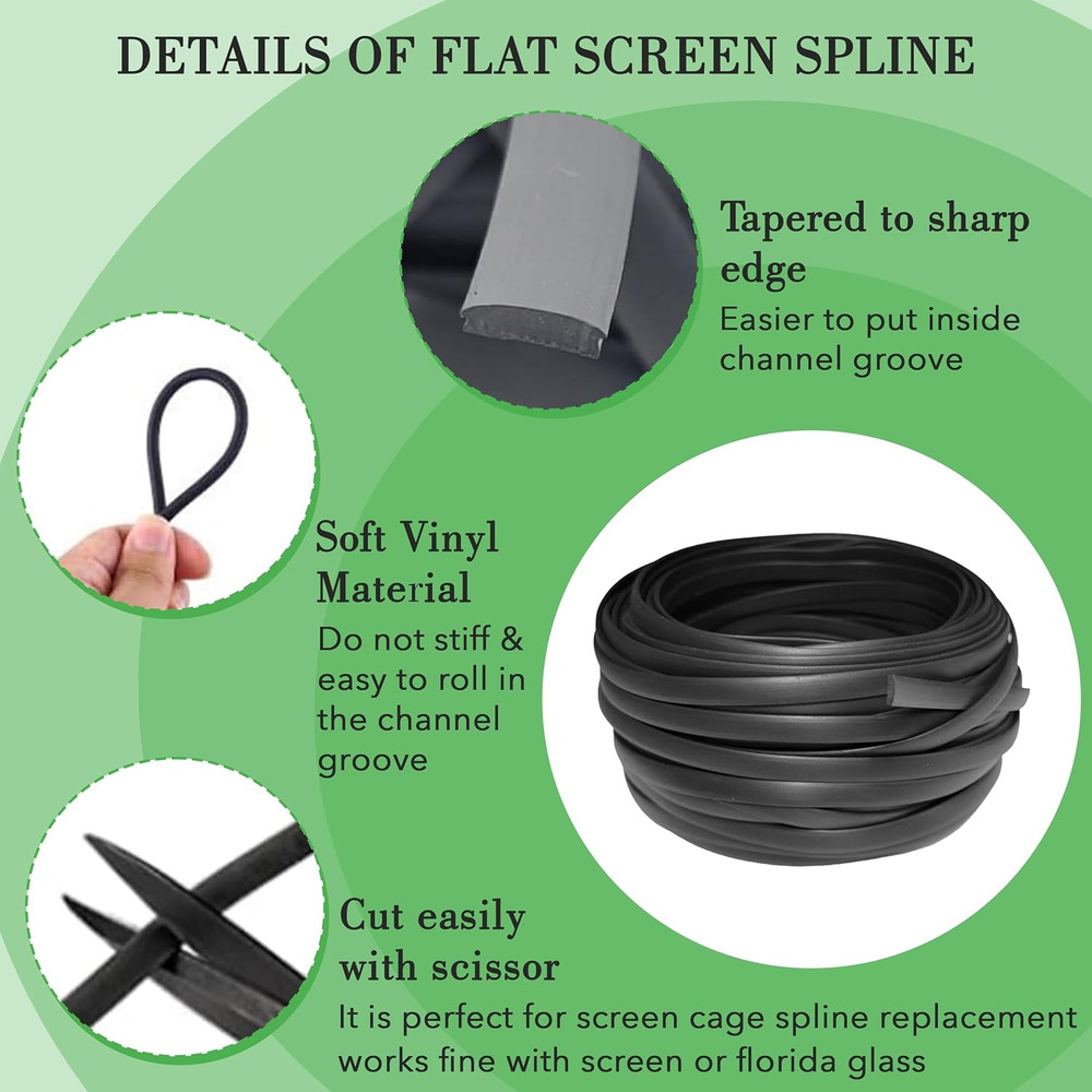 Flat Screen Spline 0.290 Width X 100Ft, Black in Color