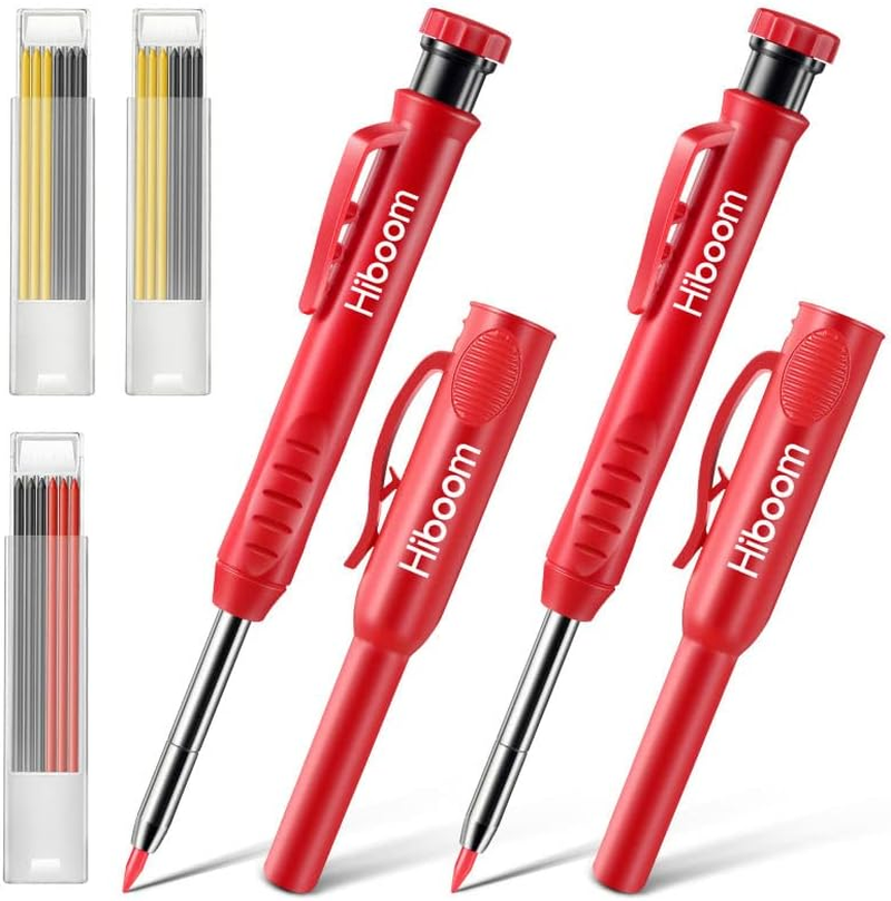2 Pack Solid Carpenter Pencils with Pencil Cap and 18 Refills, Long Nose Deep...