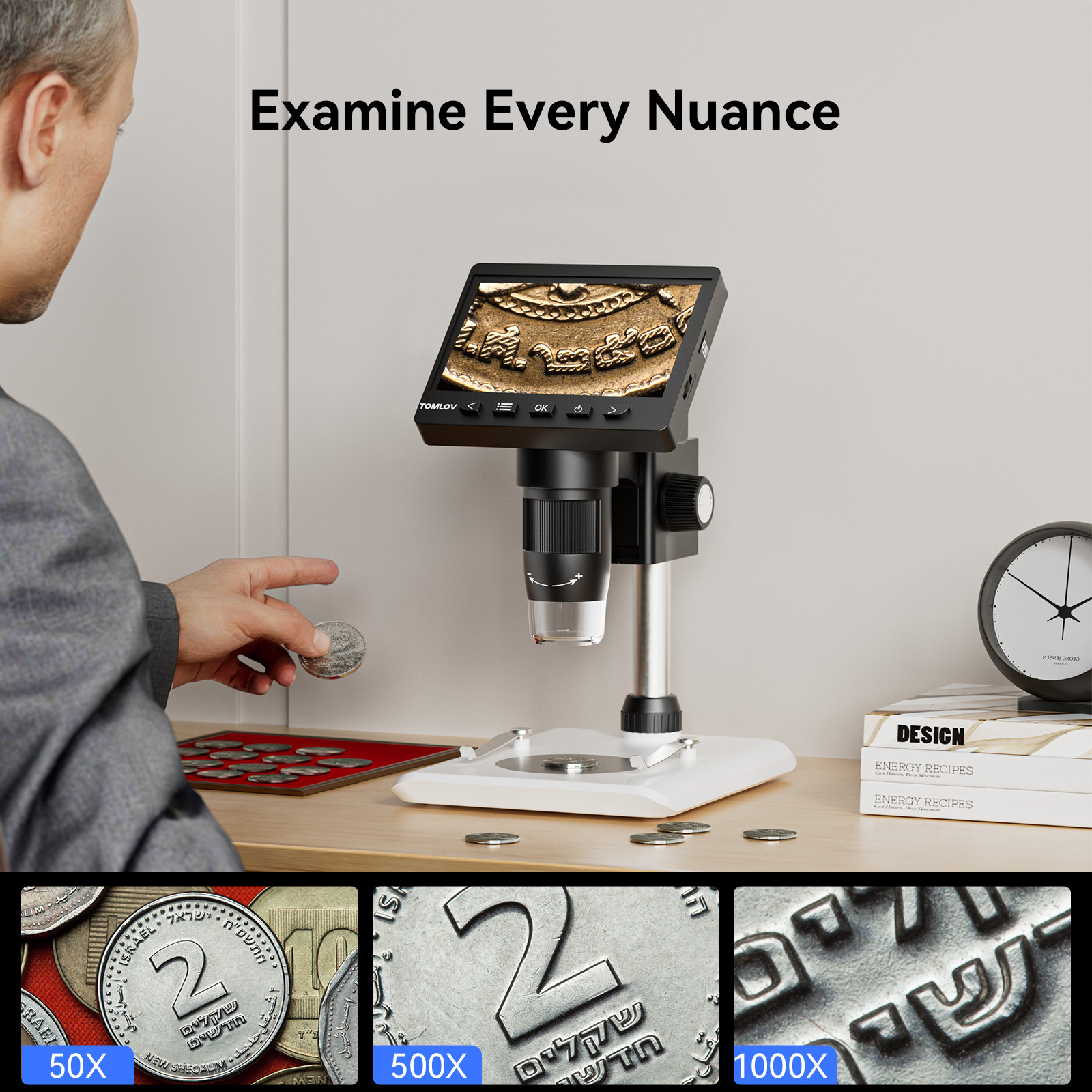 TOMLOV Digital Microscope Coin magnifier Camera 4.3" HD 720P 1000X Magnification