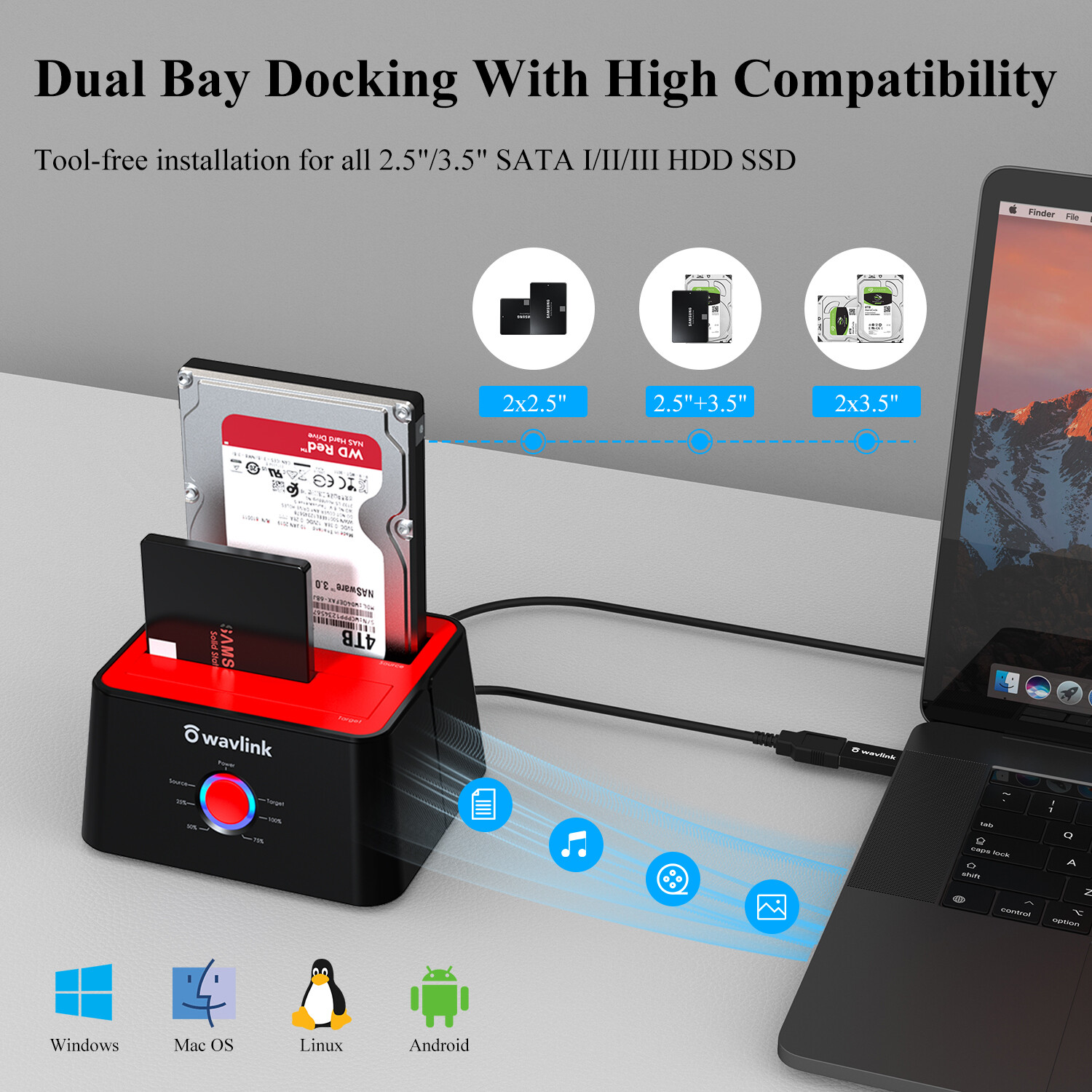 WAVLINK USB 3.0 SATA HDD SSD Docking Station Offline Clone 2.5"/3.5" Hard Drive