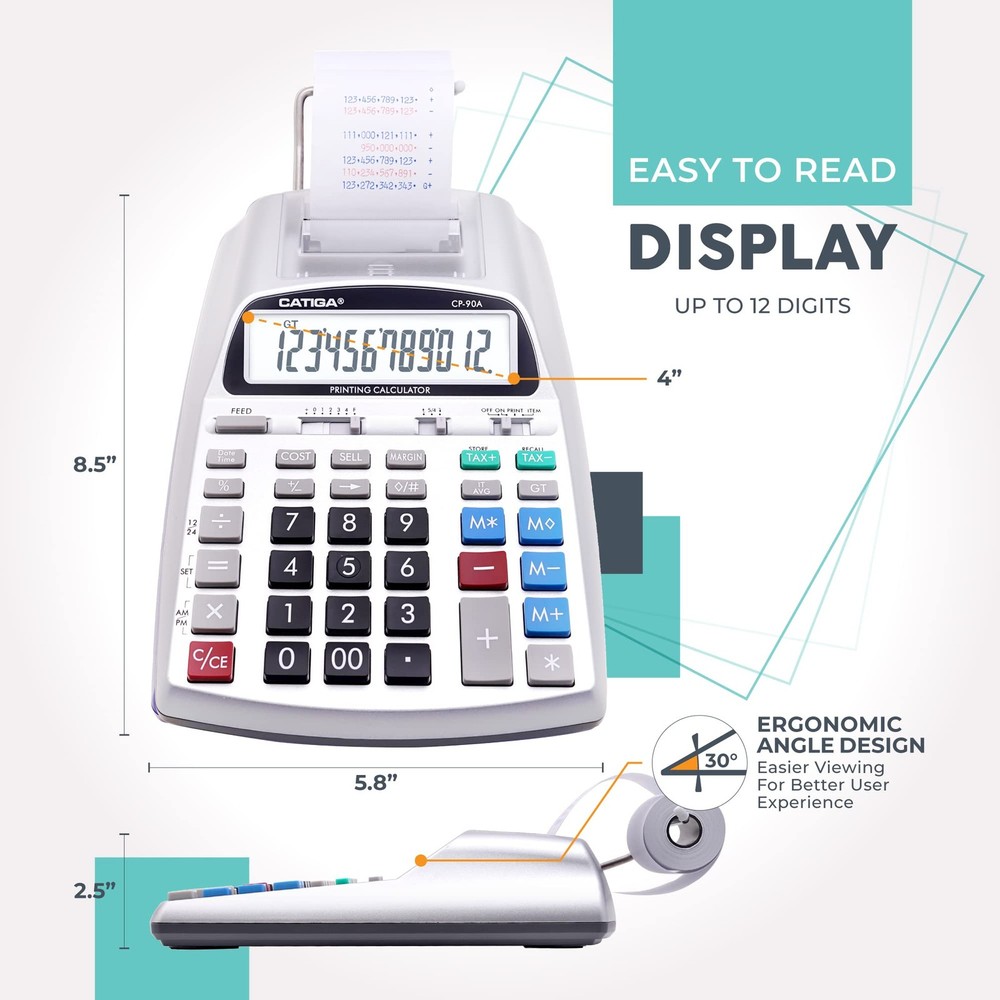 Silver Pro Adding Machine with Printer Clear Display Dual Power Sources