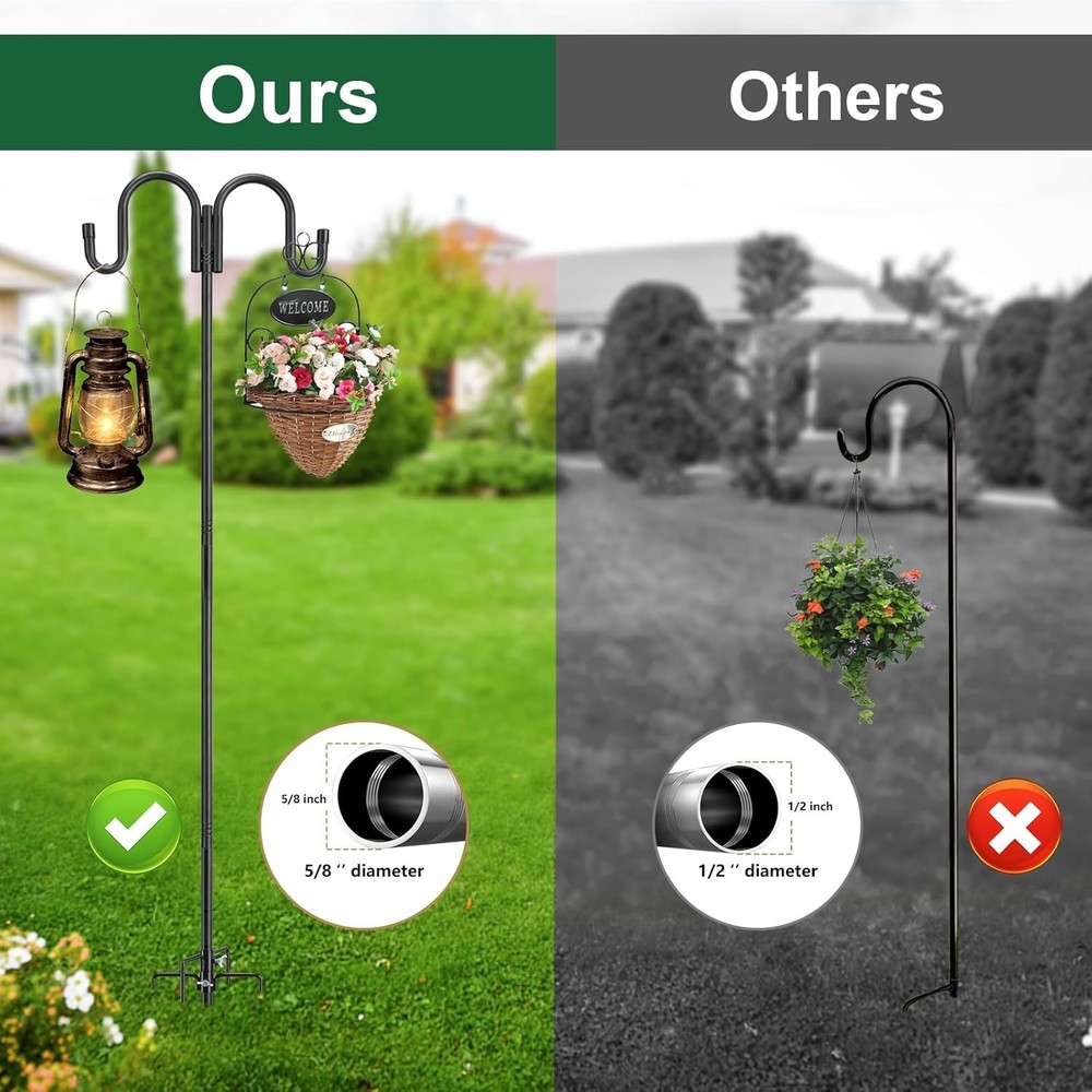 Black Double Shepherds Hook - 52 Inch Adjustable Bird Feeder Pole with 5 Pron...