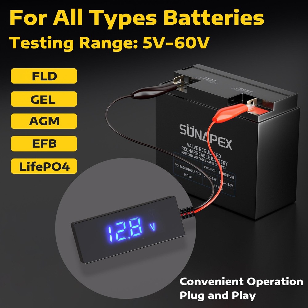 SUNAPEX Digital Battery Voltage Tester - Voltmeter with LCD Black