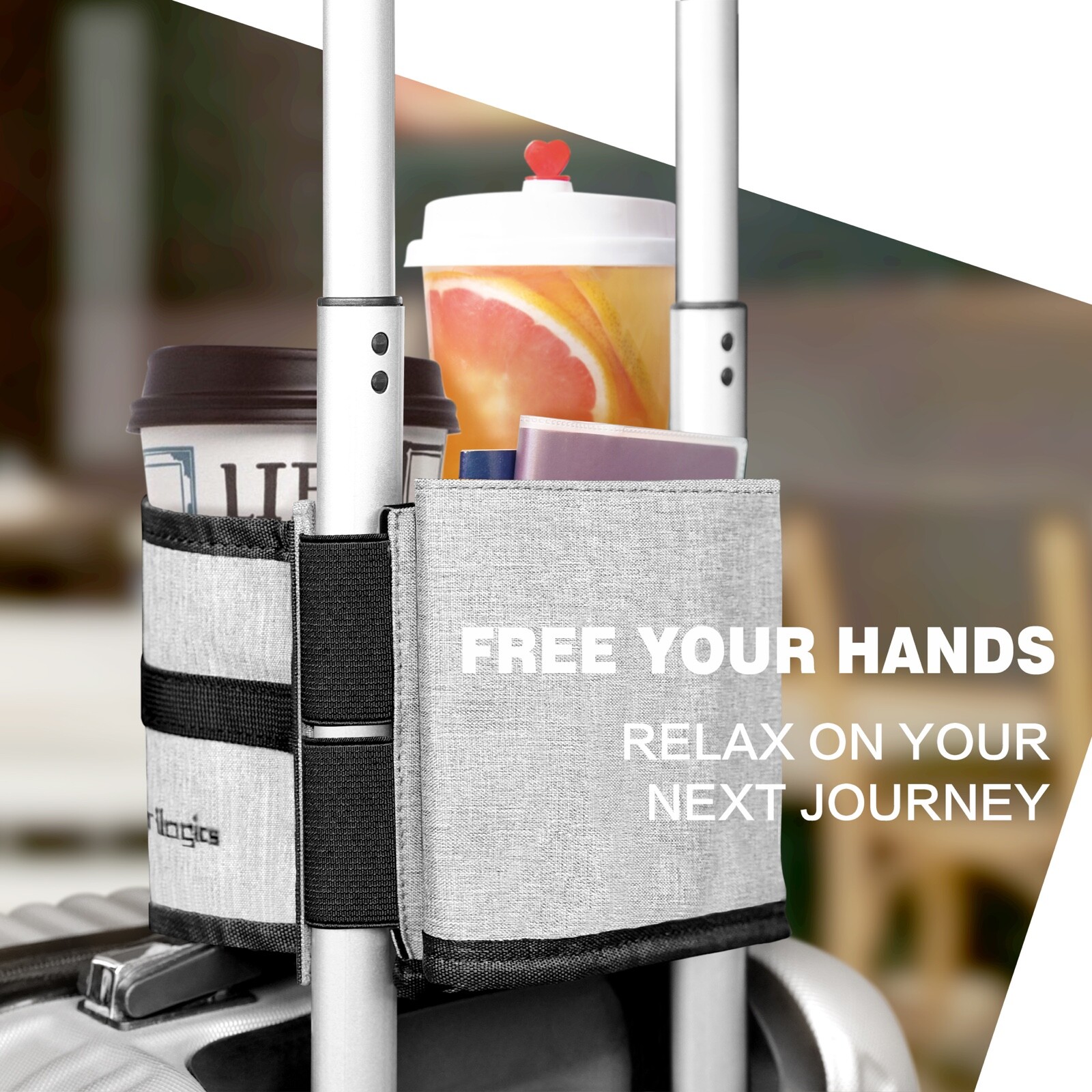 Travel Luggage Cup Holder For Hands Free Traveling. Fits Cups, Mugs, Bottles.