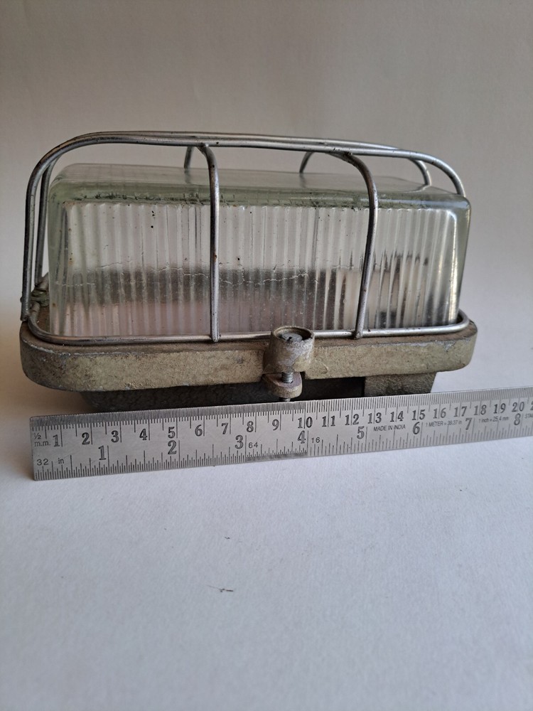 VINTAGE LARGE CAGED PRISMATIC BULKHEAD LIGHT STEAMPUNK