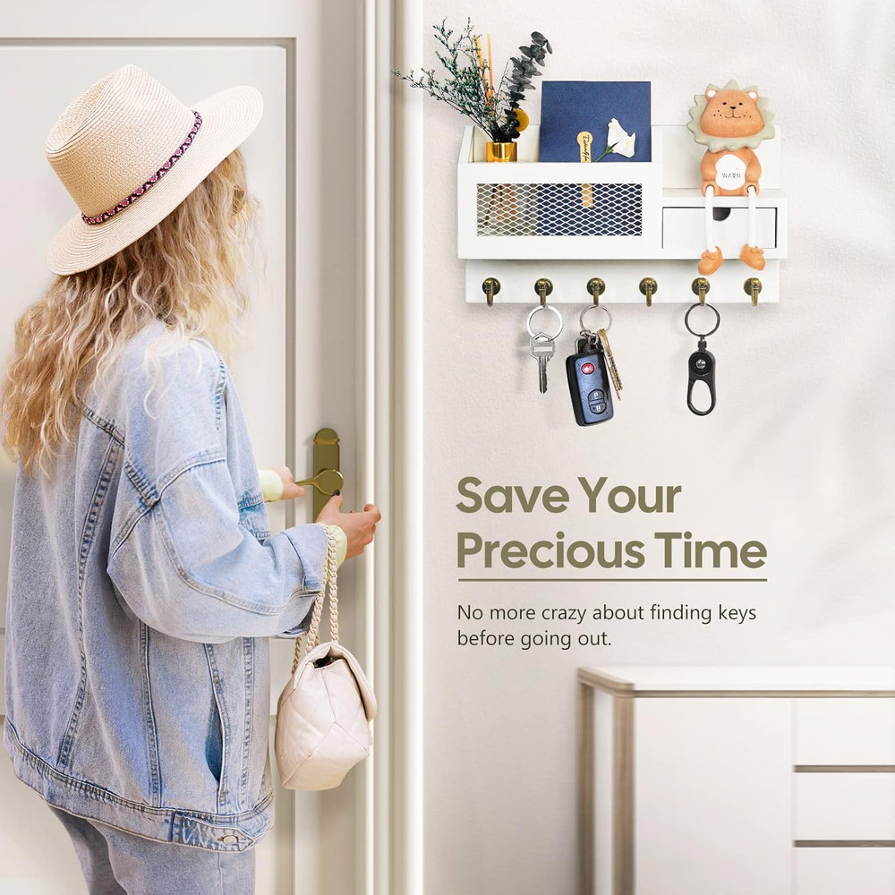 Key Mail Holder Wall Organizer With Hooks Drawer Rustic Entryway Storage White