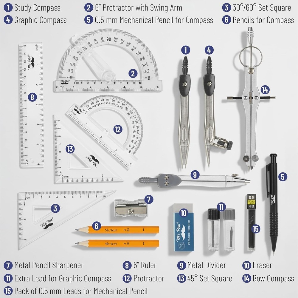 Classic Slate Geometry Set - 15 Essential Pieces Including Protractor & Divider