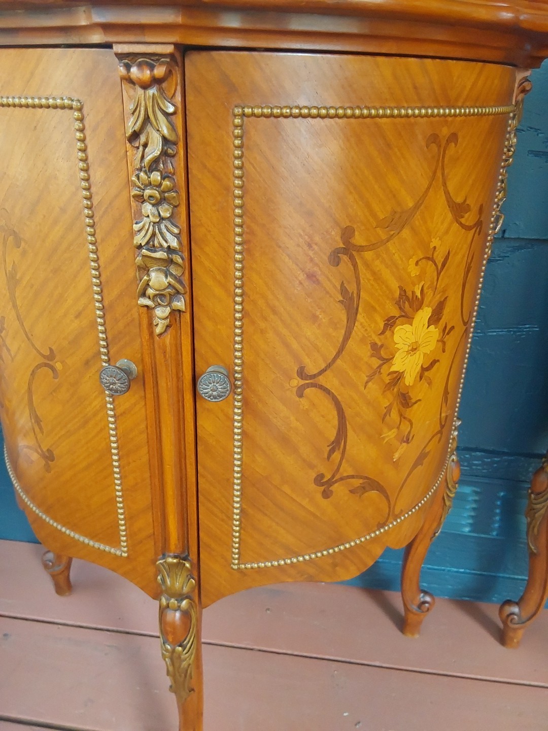 Vintage French Demilune Inlayed Wood End Tables w/Marble Tops 30 Tall X 23" Wide