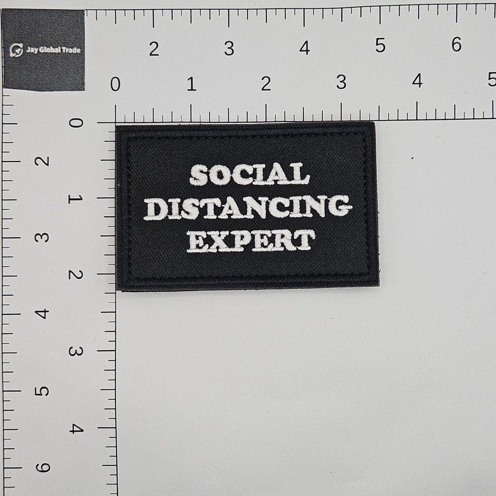 Social Distancing Expert Tactical Morale Patch Hook Loop Backing Black White 3x2