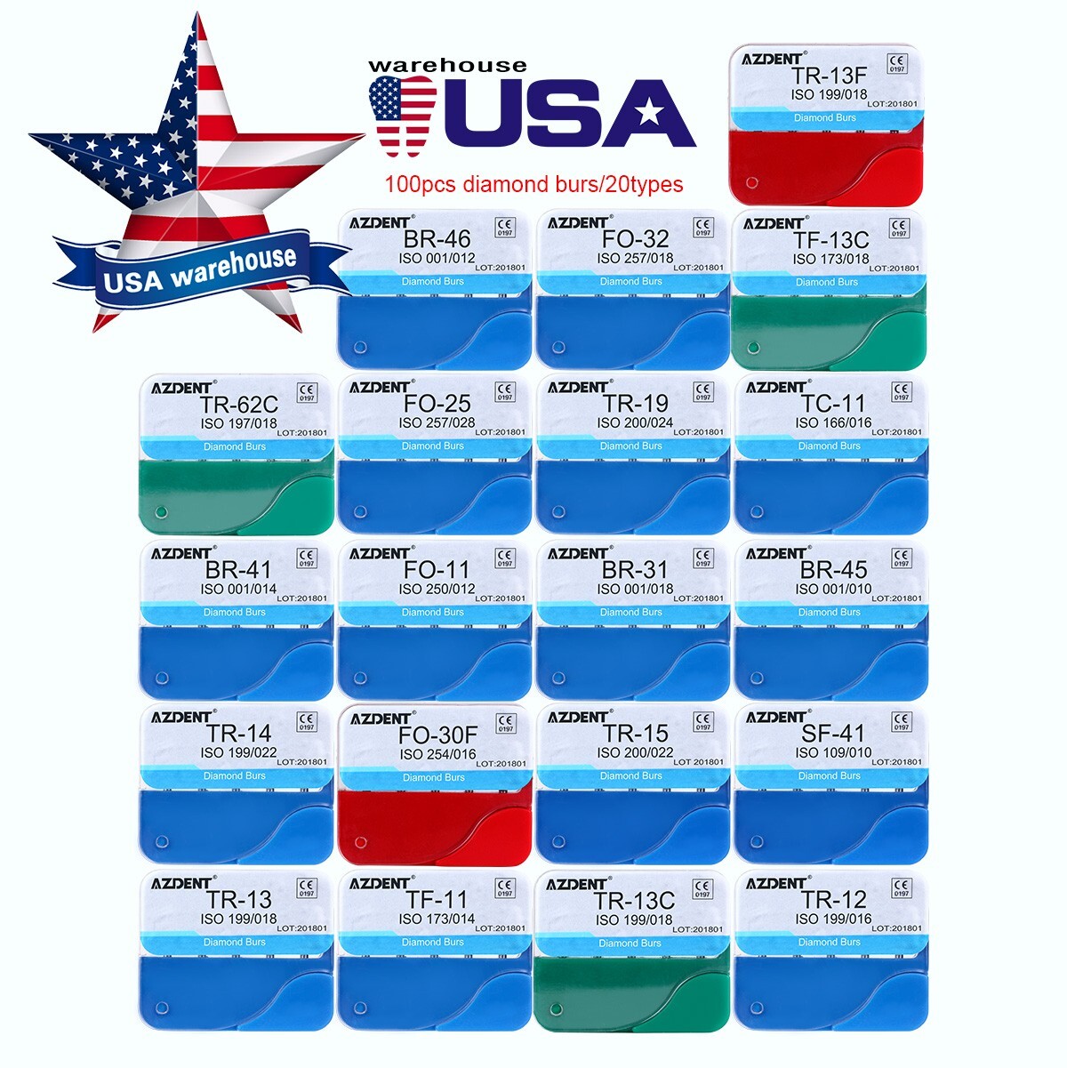 100Pcs AZDENT Dental Diamond Burs High Speed Handpiece Friction Grip 20 Types