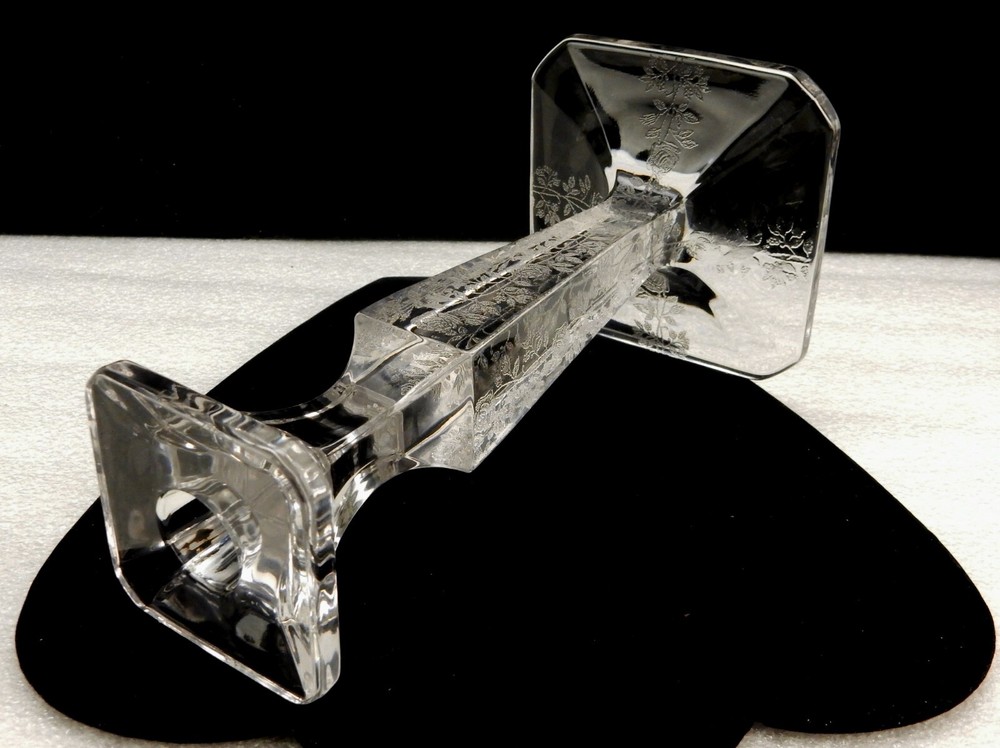Vintage Etched Glass Square Candlestick, Tapered Column, Rose Pattern