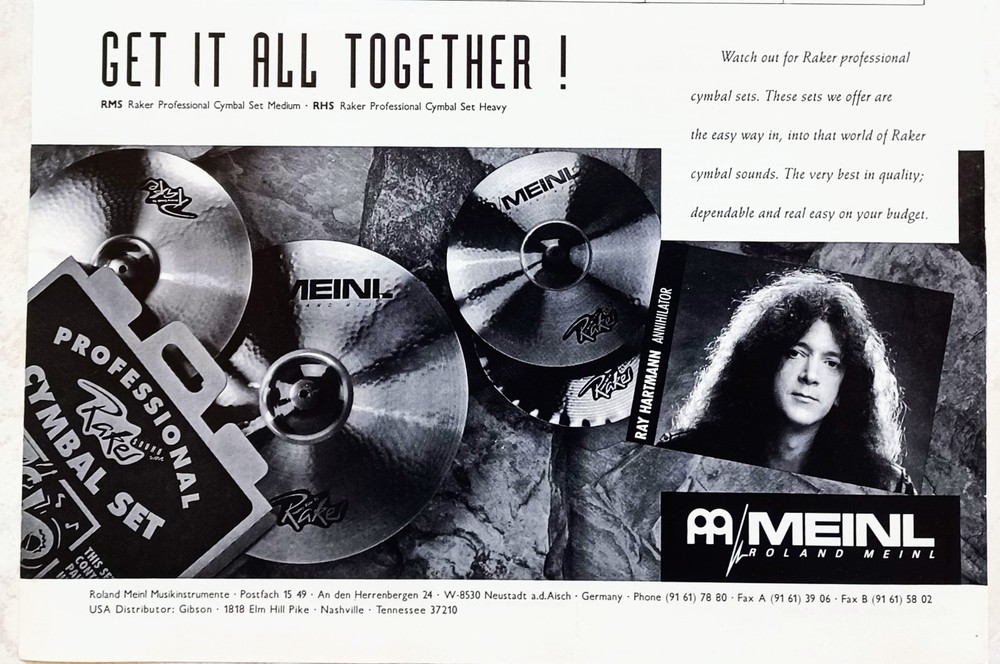 ANNIHILATOR~RAY HARTMANN~MEINL DRUM CYMBALS~1992 PROMO PRINT AD PINUP CLIPPING