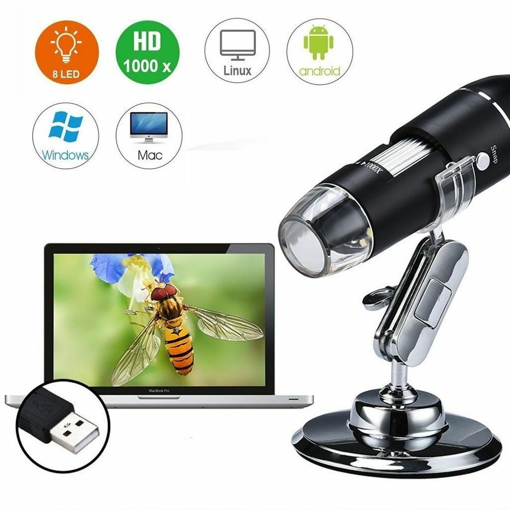 8LED 1000X 3MP USB Digital Microscope Endoscope Magnifier Camera w/ Stand Black