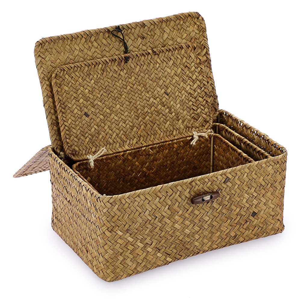 3 Set Caramel Rectangular Wicker Baskets, Lid, Seagrass, Decorative Bins