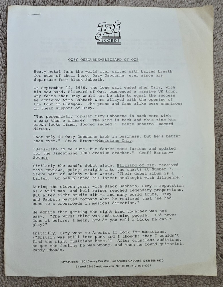 OZZY OSBOURNE-Promotional Pics/Blizzard Of Ozz-Original 4-8 x 10s-1980s