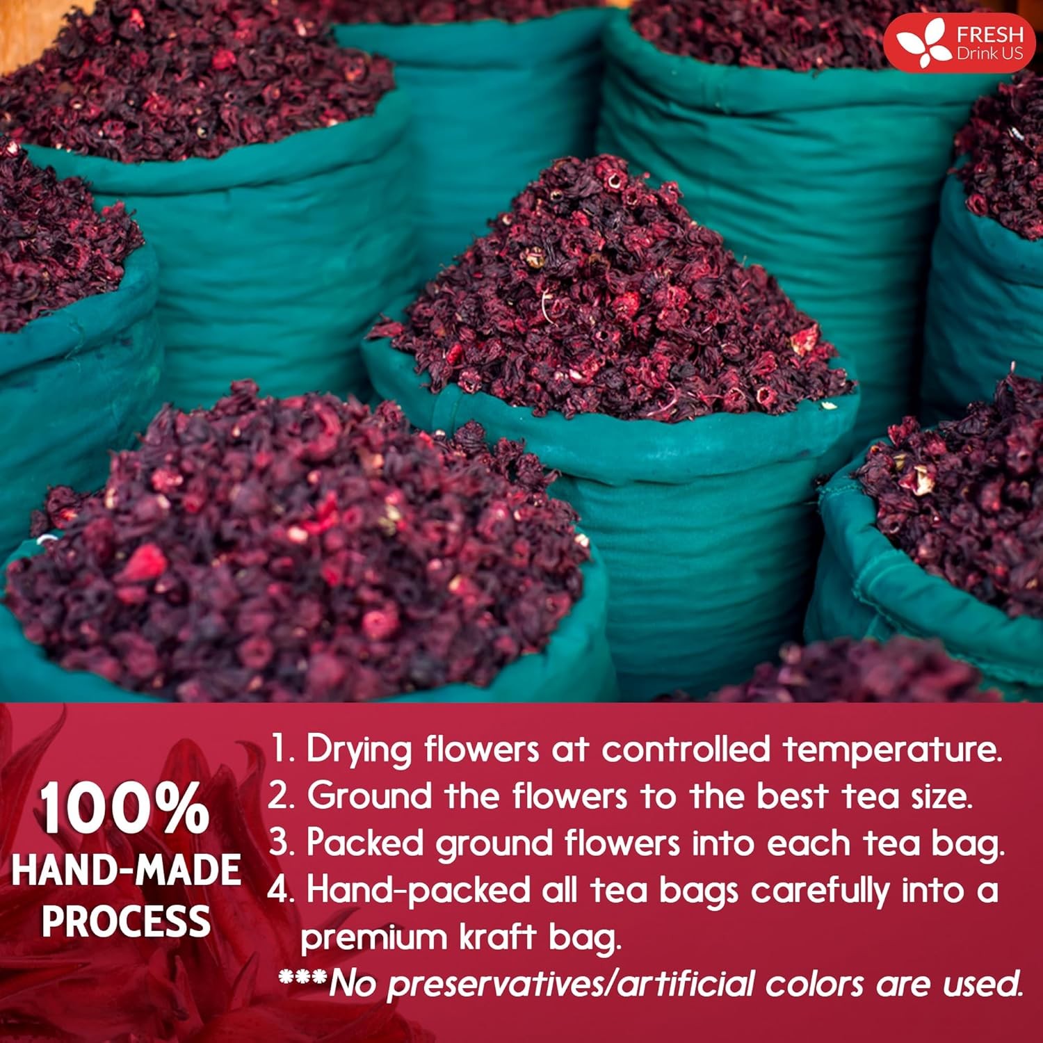 , Premium 140 Hibiscus Flowers Tea Bags, 100% Natural, Handmade & Pure from Hibi