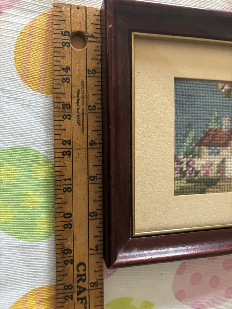 Charming Vintage Framed Spring Cottage House Scene Completed Needlepoint