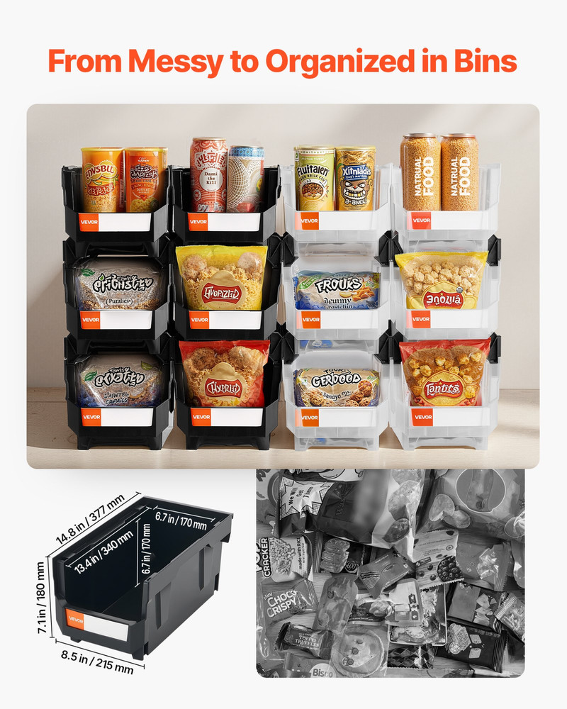 VEVOR 12-Pack Stackable Bins | Black & Clear Mix | Organize Garage