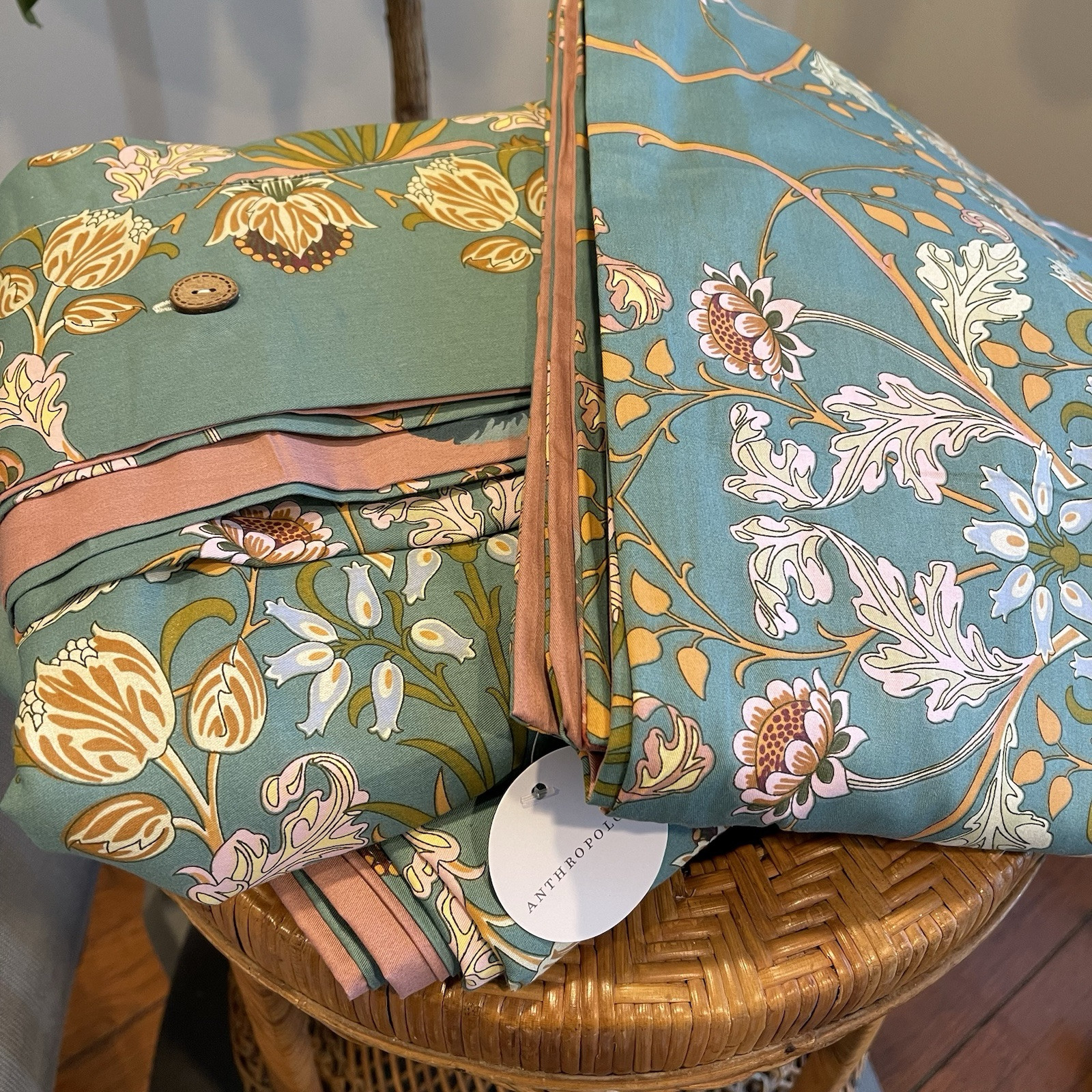 NEW Anthro Green Pink Reversible Floral King Boho Duvet Bedding Sham Case Set