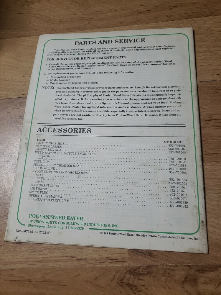 Operator's Manual Weed Eater Model XT -50 Trimmer